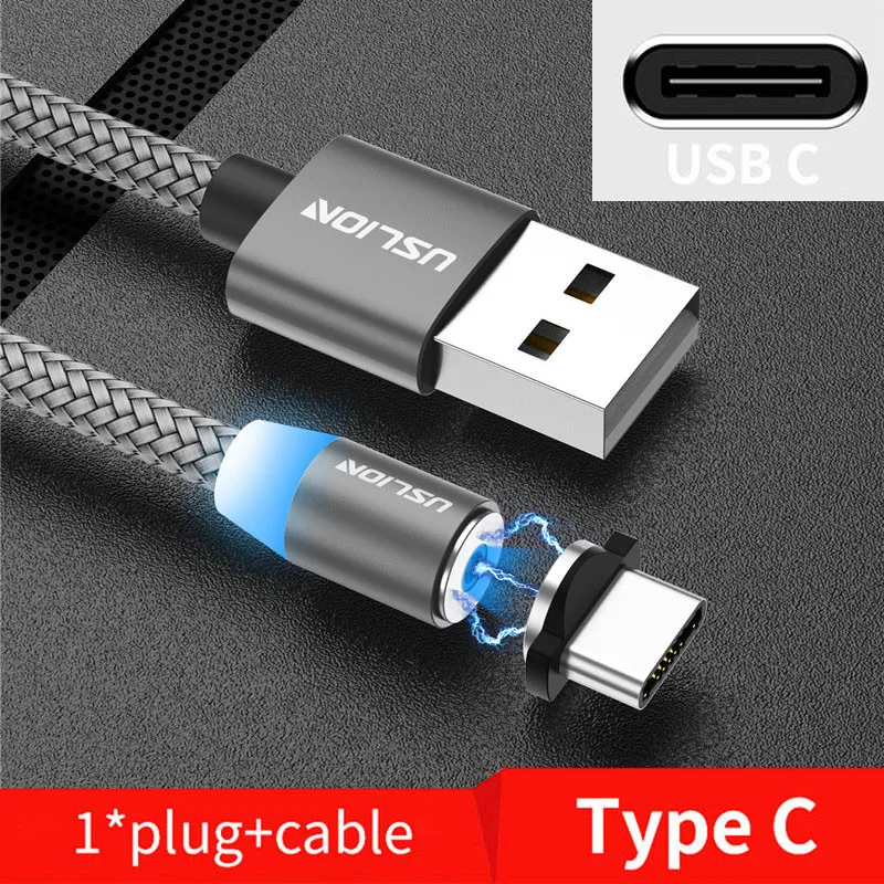 Магнитный кабель USLION, Micro usb type C, кабель для быстрой зарядки, зарядное устройство для iPhone, samsung, huawei, Xiaomi, Micro USB кабель, USB C кабель - Цвет: Gray for Type C