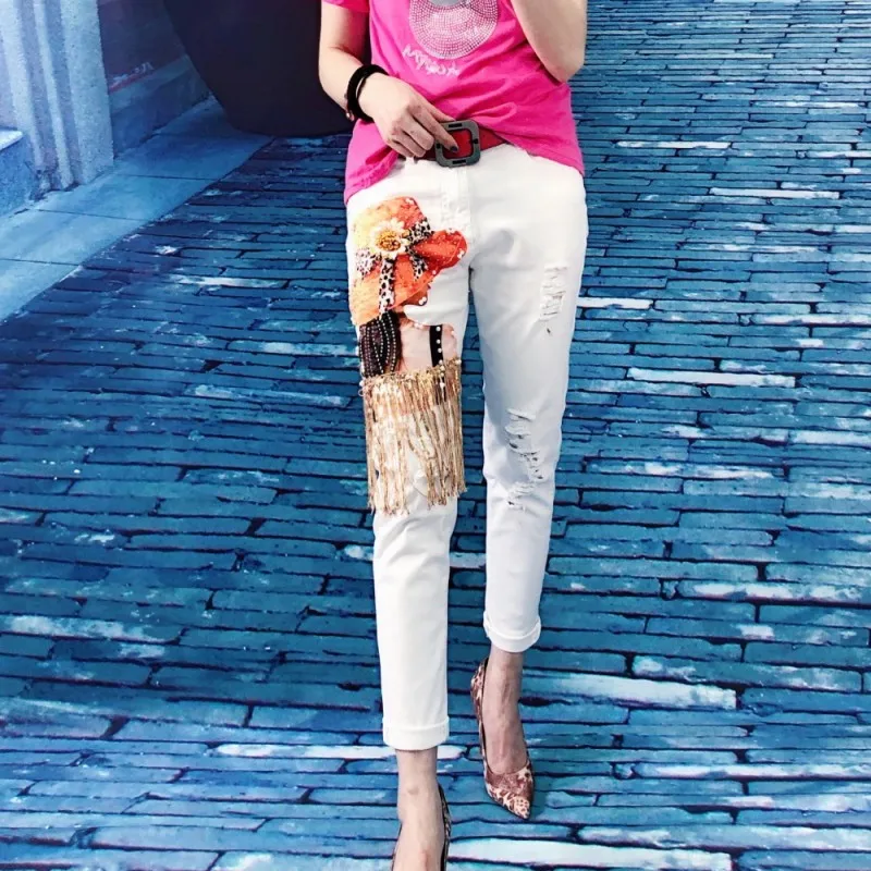 

2021 Vintage Y2K Sequins Bronzing beaded Women Tassel Hole Ripped White Jeans Boyfriend Pants Beauty Women's Denim Harem pants