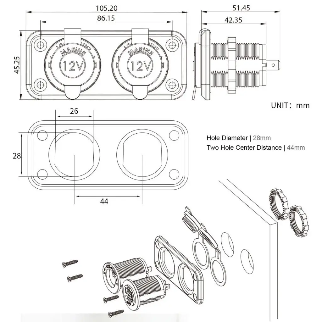 Car Motorcycle 12V-24V USB Charger Socket Panel for Boat / Marine / Mobile Phones, Red LED Lights