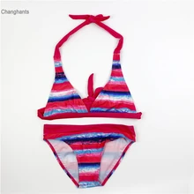 Новая модель, купальник из двух частей для девочек 8-16 лет, детский пурпурный полосатый купальник, детская одежда для плавания, детский купальный костюм