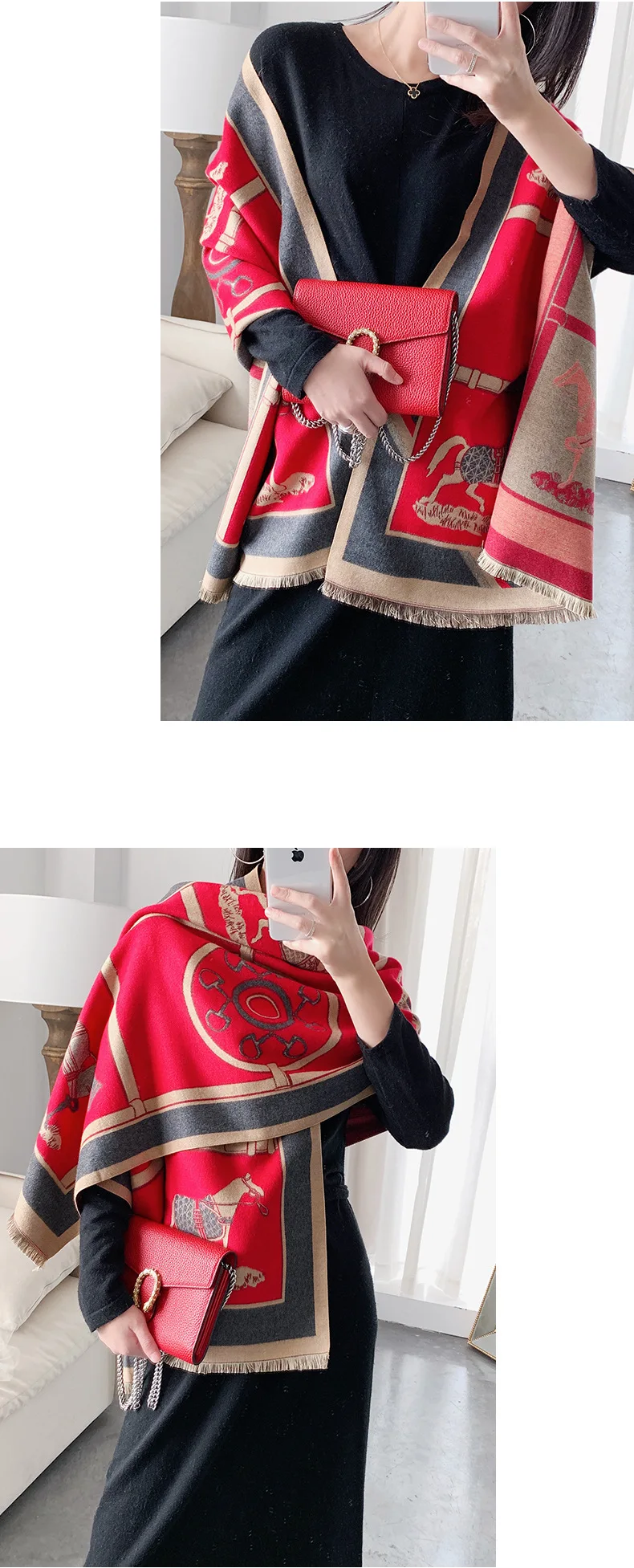 Luxury Winter Cashmere Scarf For Women Warm Pashmina Shawls and Wraps Fashion Chain Animal Print Kerchief Scarves For Lady
