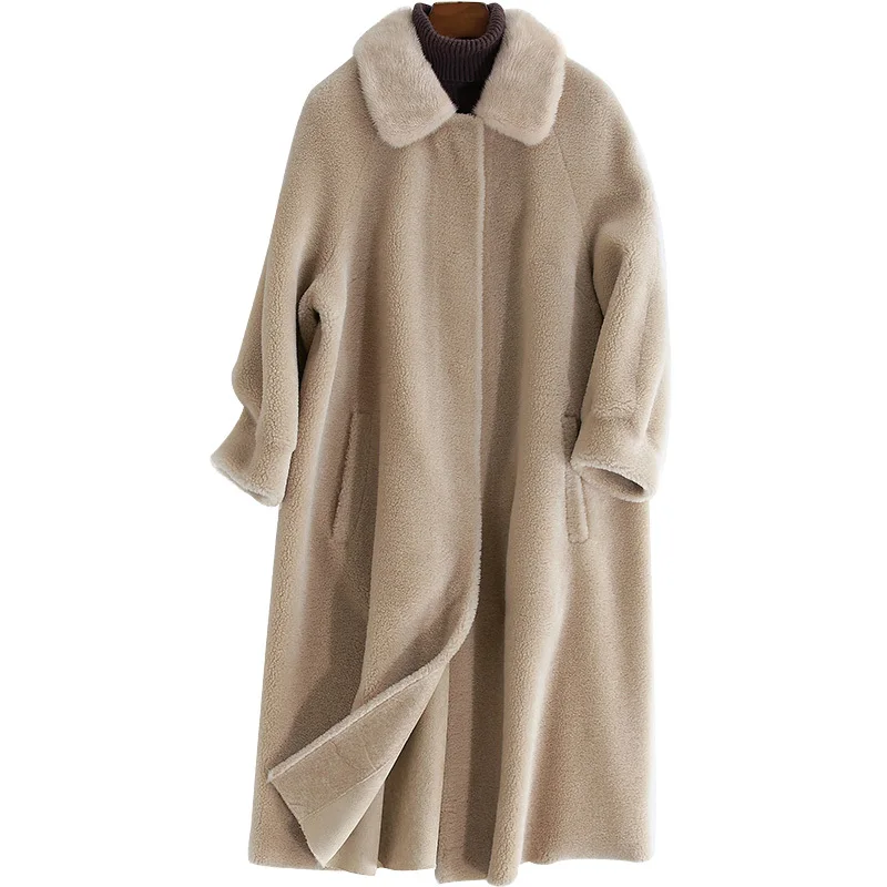 

Genuine Fur Coat Women Autumn Winter Warm Sheepshearing Jackets Top Qulaiyty Mink Fur Collar B18F23121-1 MF566