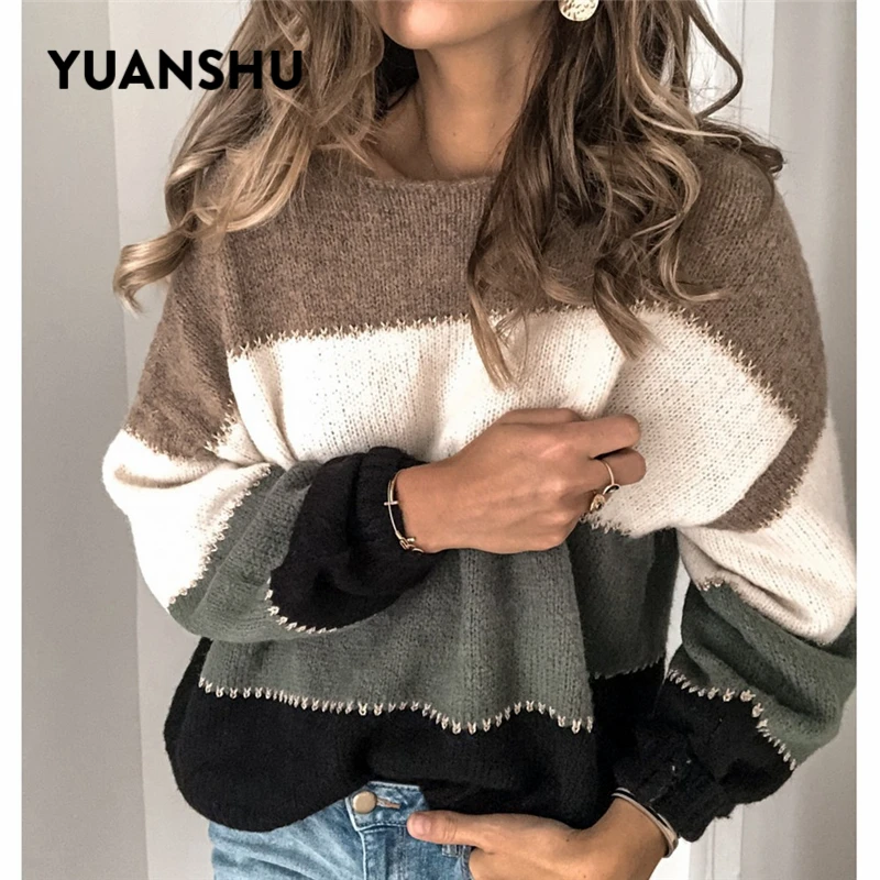 Ceny YUANSHU patchworkowy w stylu casual seksowna dzianina sweter kobiety wiosna jesień luźne paski topy Jumper biurowa, damska sweter oversize