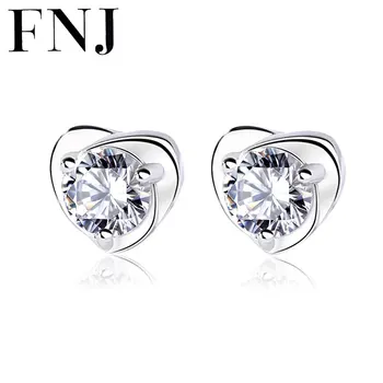 

FNJ Heart Earrings 925 Silver Jewelry Original Pure S925 Sterling Silver Stud Earring for Women White Purple Zircon Stone