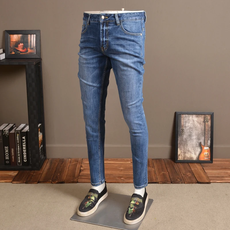 Fashion Mens Skinny Jeans Streetwear Elastic Thin Blue Pants for Cowboys P83