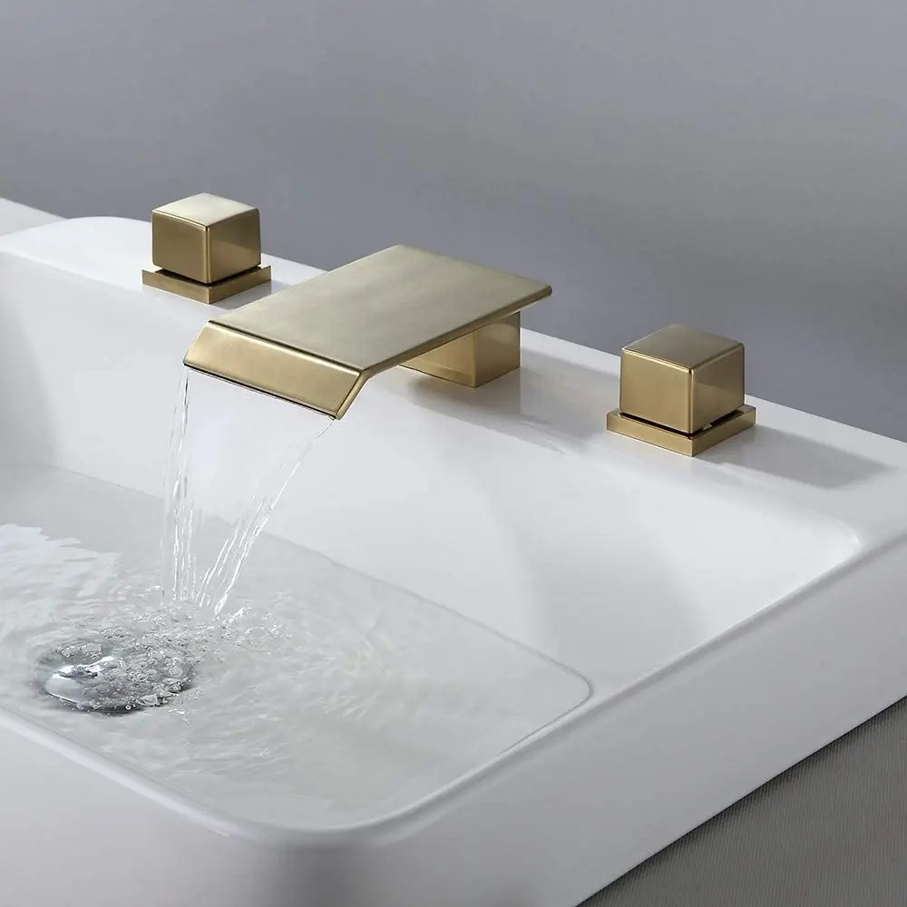 

ThreeHole Double Square Handles Widespread Bathroom Faucet Waterfall Bathroom Sink Faucet Solid Brass Chrome/Brushed Gold Black