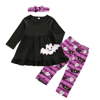 

Baby Girls 12M-5T Halloween Clothes Sets Cartoon Bat Long Sleeve Smock Top + Printed Long Pants and Headband Outfits