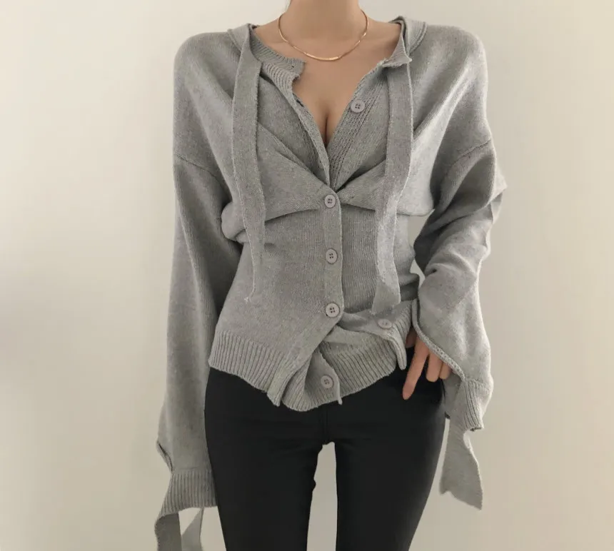 

New Oversize Women's Sweaters Autumn Winter Vintage buttons V Neck Cardigans Single Breasted Puff Sleeve Loose Cardigan