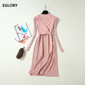 

2019 Autumn Winter Knitted Dress High Quality Ladies Sexy Cross V Patterns Knitting Casual Pink Black Wine Red Sweater Dress