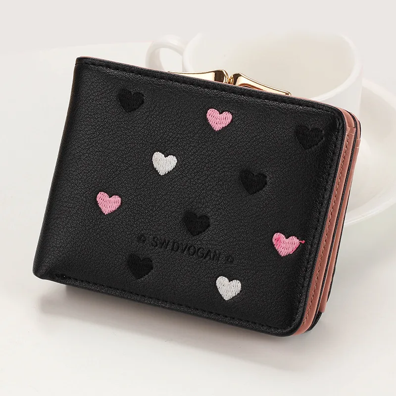 Black Japanese Multi-function Women's Mini Wallet Candy Color Heart-shaped Embroidery Women Short Wallet Cute Coin Purse Card Package - Цвет: Black