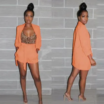 

Sexy Orange Two Piece Blazer Set Women Clothes Long Coat And Causal Belted Shorts Suit Plus Size 2 Pcs Set