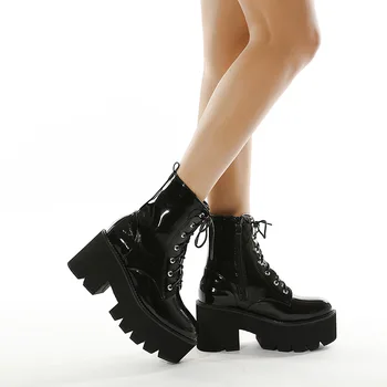 baratas Punk Goth Estilo Mulher Botas Senhoras Chunky Saltos Tornozelo Botas De Couro Patente Botas Da Motocicleta Cunhas Femininas Sapatos Nova Chegada
