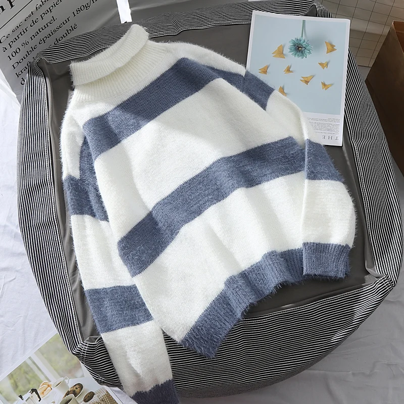 

Turtleneck Sweater Women Autumn Loose High Neck Collar Striped Pullovers Ladies Chic Knitted Jumper Knitwear Winter Clothes