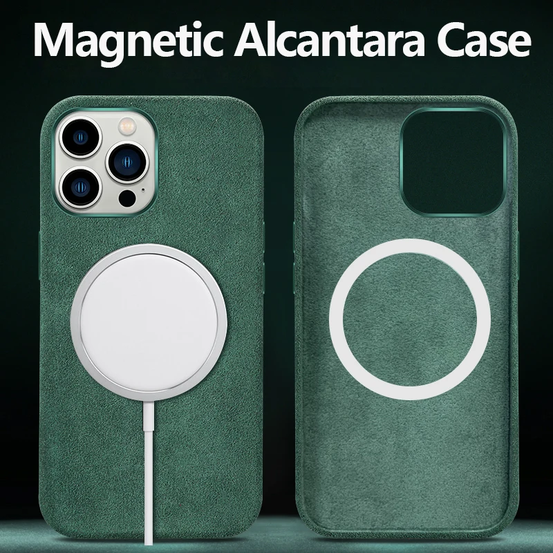 

Italian Alcantara Case for iPhone 15 Pro Max Business Leather Phone Back Cover for iPhone 13 Pro Max Magnets For MagSafe Grey