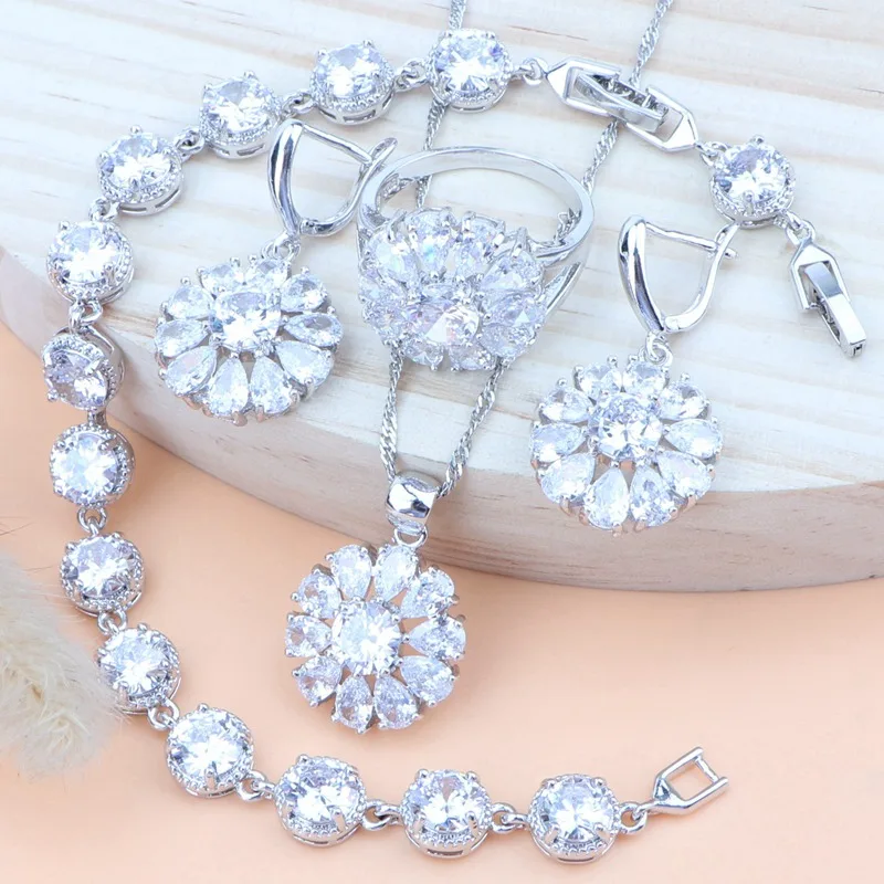 White Cubic Zirconia Bridal Jewelry Sets Costume Silver 925 Earrings Women Wedding Jewelry Pendant Bracelet Ring Necklace Sets - Окраска металла: 4PCS