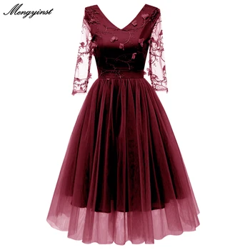 

Summer Transparent Mesh 3/4 Sleeve Dress Women 2020 New Casual Office Elegant Floral Embroidery Evening Long Party Sexy Dresses