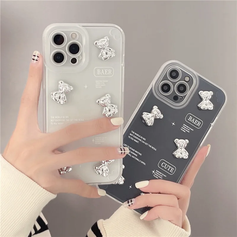 ins Fashion English Letter Three-dimensional Five Cute Cartoon Bear Phone Case For iPhone 12 11 13 ProMax X XR XS 7 8Plus Cover | Мобильные