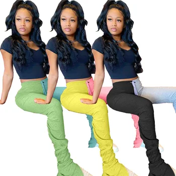 

Women Mid-waist Pleated Split Micro-flare Track Pants Matching Color Streetwear S-3xl Plus Sizes Womens Stacked Leggings