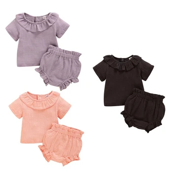 

0-24M Infant Baby Girls Boys Clothes Sets Solid Lotus Leaf Short Sleeve T Shirts Tops+Shorts Trousers 2pcs Baby Clothing Set