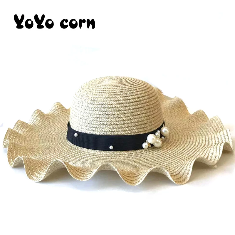 

YOYOCORN Sea hat Wide Brim Foldable Outdoor Travel Beach Caps side girl lady black ribbon pearl Yarn Sun Hats Women Summer cap