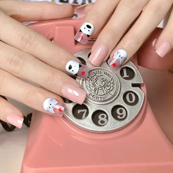 

24pcs Girl Pink Color High Quality Full Cover Medium Length Square Head Lovely Cartoon Pattern Design Fake Nails press on glue