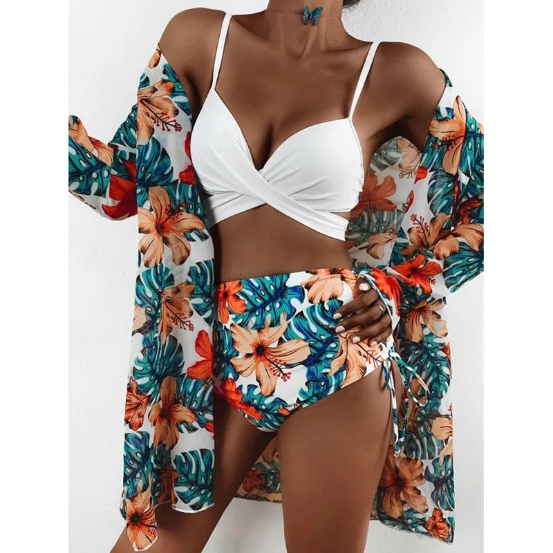 orange bikini set High Waist 3 Piece Bikini Set With Cover Up 2022 Swimsuit Women Print Long Sleeve Bathing Suit Beachwear Swimming Biquini New strapless bikini set