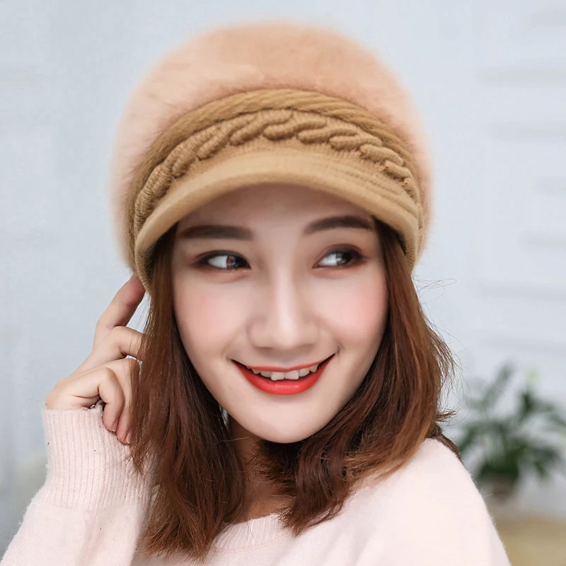 Женская зимняя теплая Модная шапка Skullies Beanies, вязаная шапка с кроличьим мехом, женские солнцезащитные шапки, повседневная женская кепка с козырьком