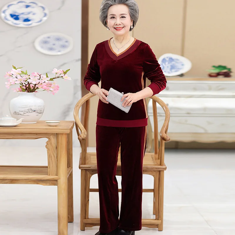 

Middle Aged And Elderly People WOMEN'S Suit Autumn New Style Long Sleeve V-neck Shirt Grandma-Gold Velvet Casual Sports Two-Piec