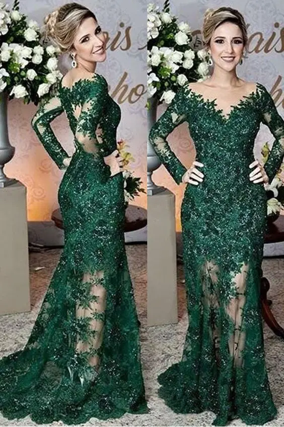 

Long Sleeves Evening Dresses Mermaid Lace Beaded Green Prom Evening Party Dress Sheer Jewel Neckline vestidos de gala