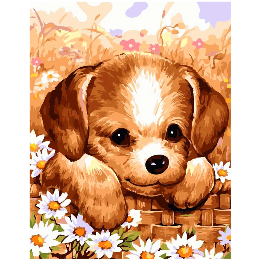 

Puppy and Flowers 40X50cm Painting By Numbers with Combo Inner Frame and Colorful Paper Box Package and Color Baselines Canvas