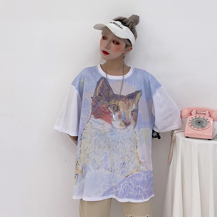 Корейские женские рубашки, Kawaii футболки с принтом, круглый вырез, универсальные футболки для студентов, осенняя одежда Harajuku, большие размеры, Повседневная футболка - Цвет: YX 438 bai