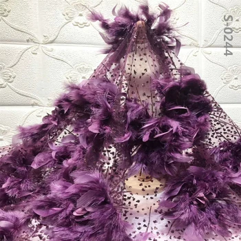 

French lace fabric 2020 3D flower lace fabric African tulle fabric embroidery lace with feather for grey wedding dress