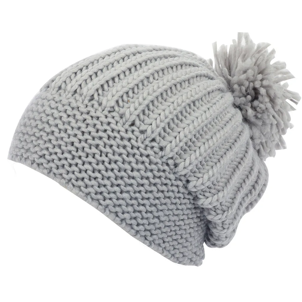 Унисекс, одноцветная флисовая шапка для женщин, зимняя подкладка, головной убор, вязаная шапка, шапки, толстые уличные шапки для женщин, осенние с помпоном - Цвет: Gray