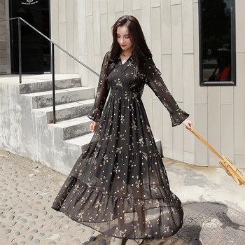 

Women Chiffon Dress 2020 Spring Autumn Female Elegant Vintage Long Sleeve V-neck Printed Floral A-line Dresses Casual Vestidos
