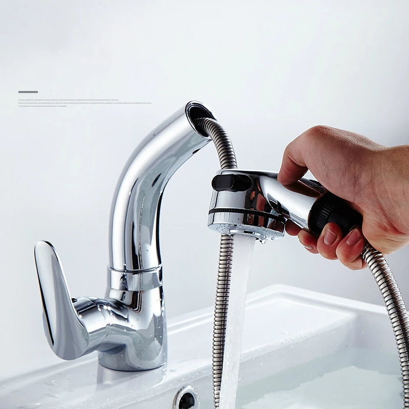 

Bathroom Kitchen Faucets Silver Single Handle Pull-Out Faucet Spray Swivel Sink Baked Pull-Down Plumbing Cold Hot Water Tap