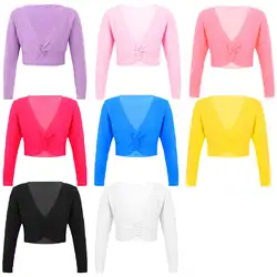 #M-2XL Kids Girls Long Sleeve V Neck Ballet Shirt Solid Color Leotard Jacket Warm Shawl Coat Class Practice Dancing Clothes