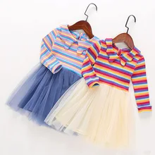 Яркое платье для малышей; летняя одежда для маленьких девочек; вязаное Сетчатое платье в полоску с длинными рукавами; вечерние радужные праздничные платья для детей