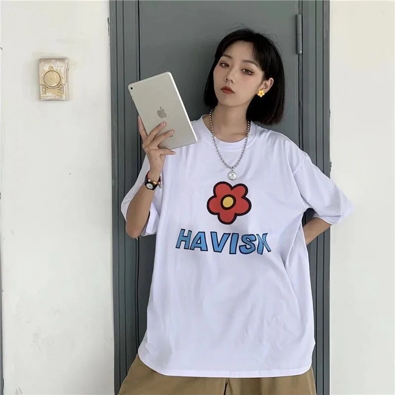 Harajuku bf стиль футболка с короткими рукавами одежда цветочным принтом для женщин