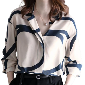 

Top Quality Striped Chiffon Women Shirts 2020 Summer New Turn-Down Collar Long-Sleeved Loose Office Lady Elegant Shirts Outwears