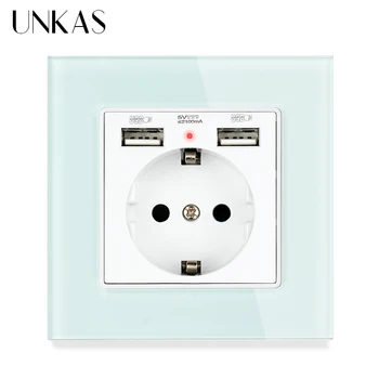 

UNKAS Green Pink Colorful Dual USB Charging Port 2.1A EU Wall Power Socket 16A Russia Spain 86MM*86MM Crystal Glass Panel Outlet