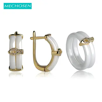 

MECHOSEN White/Black Ceramic Jewelry Sets Earrings&Rings Double Keramisch Bagues Femme CZ Zircon Copper Aretes Men Wedding Joyas