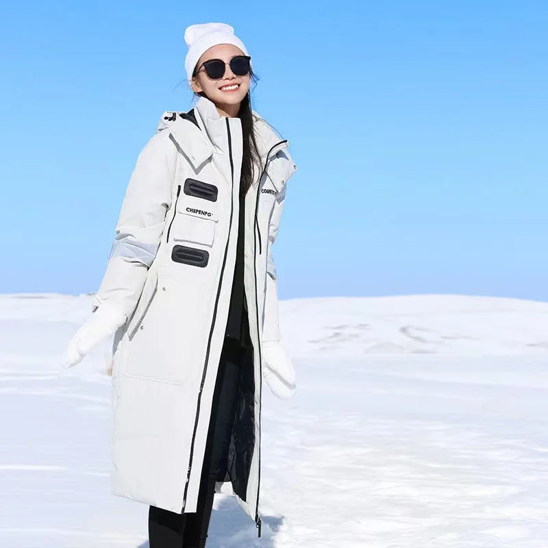 Men's and women's down jackets long white duck down hooded down jackets couple extra warm working snow resort winter traveling