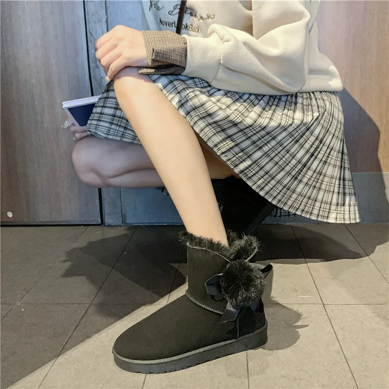 Rimocy fur ball snow boots winter thick warm plush flat heels ankle boots for women casual daily cotton padded shoes woman
