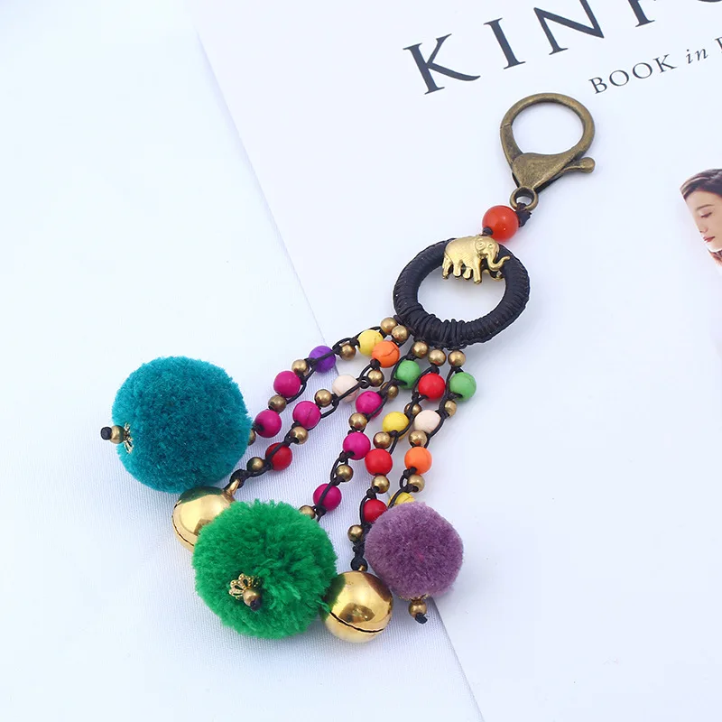 

Vintage Bohemian Accessories Handmade Keychain Beads Chain Pompom Hand Bag Hanging Key Chains Stone Copper Bell NewYear Gift