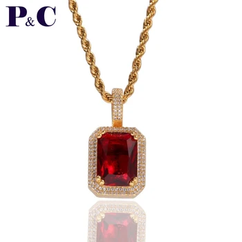 

Men Fashion Hip hop Pendant Gold Color Liced Out Rhinestone Mini Square Red Blue Gem Crystal Pendant Necklace Chain Jewelry