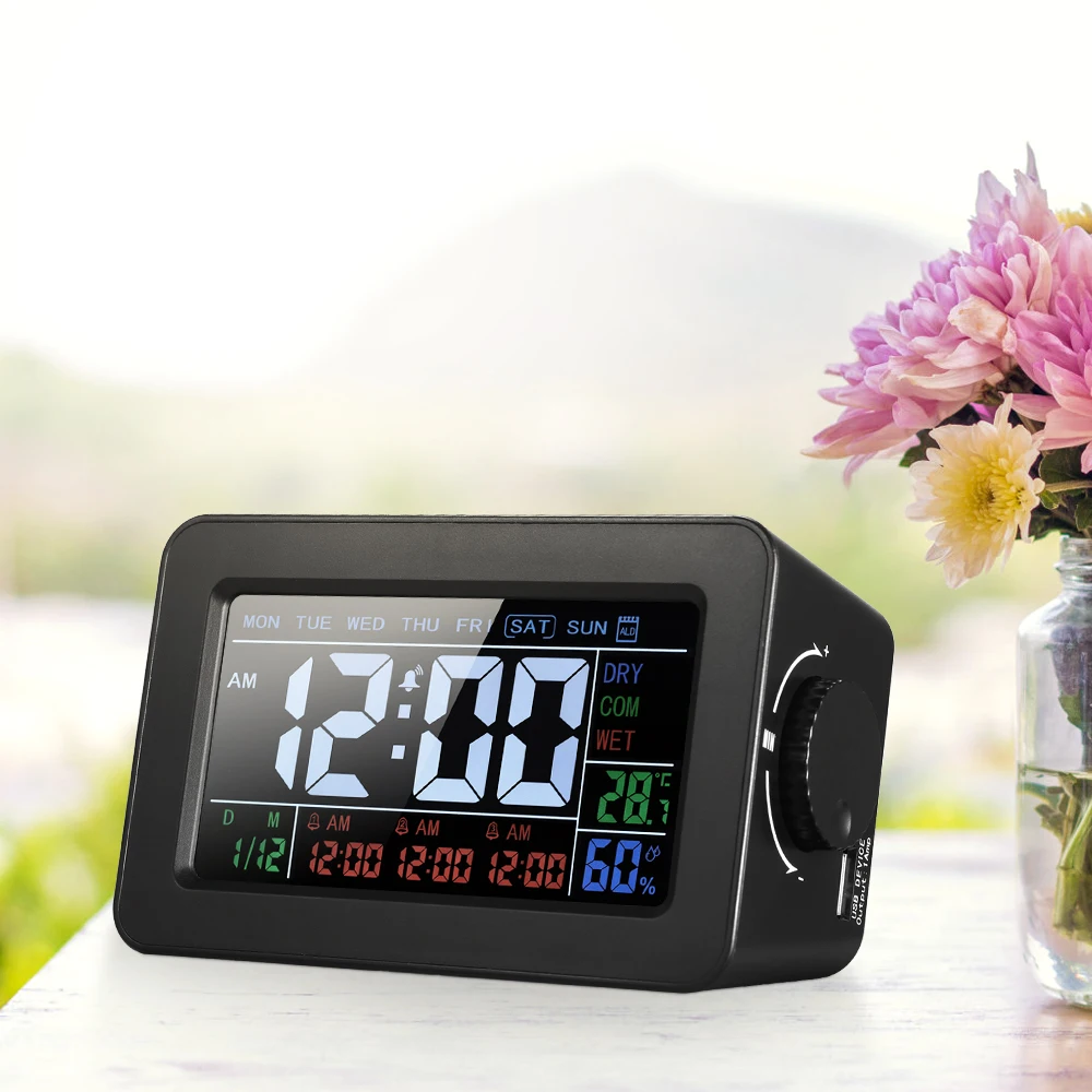 

Digital Thermometer Hygrometer Clock Temperature Humidity Meter 3 Alarm Clocks Snooze Color LCD Display with Switchable