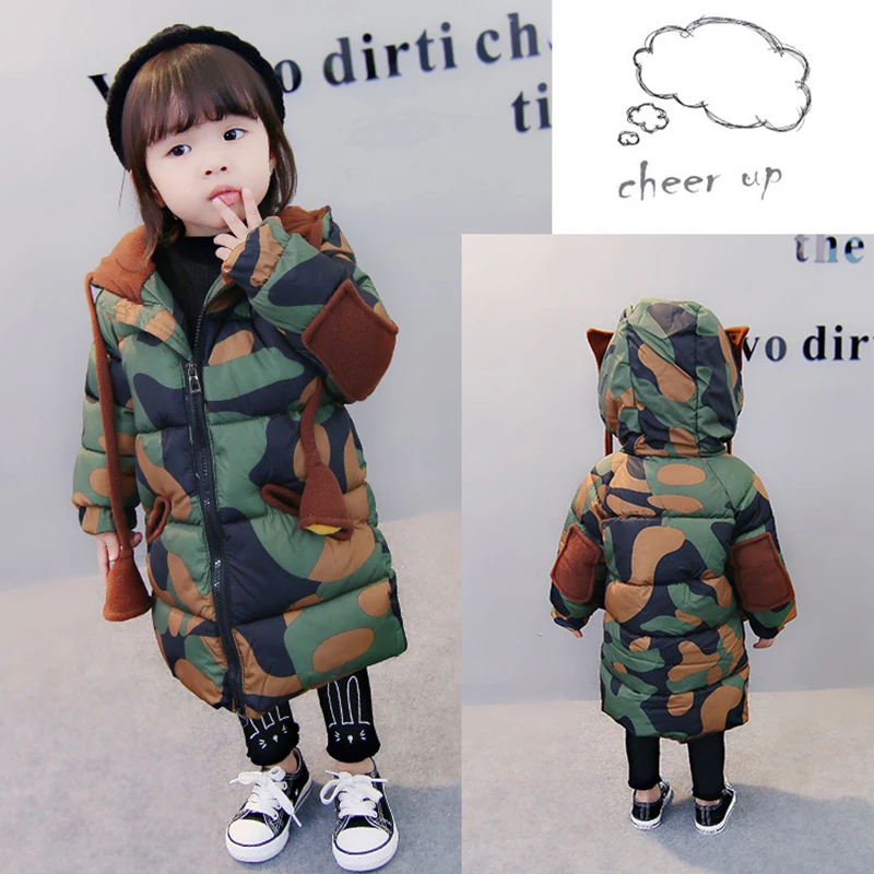 KISBINI Camouflage Winter Baby Boy Girls Parka Down Jacket Coat Cotton Long Thick Outerwear Windproof Kids Children's Jackets