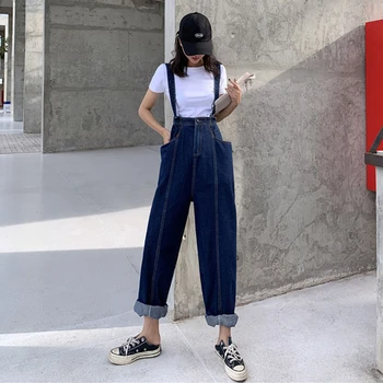 

Spring Jeans Jumpsuit Women Plus Size Big Pockets Wide Leg Denim Overalls Cowboy Pants denim Tooling harem pants autumn KZ181