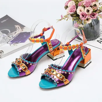 

Med Fashion Office Women Chunky Heels Personality Rivets Color Block Female Casual Leather Shoes Summer Outdoor Sandals