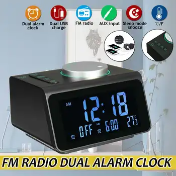 

New Alarm Clock LED Digital Dual Table Clock Wireless Bass Speaker FM Radio+2 USB Charger Ports Music Player Snooze Temperature